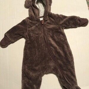 H&M 2-4 Mo Gray Faux Fur Snow Suit Jacket Hooded Cotton Lining Hearts Zip Up
